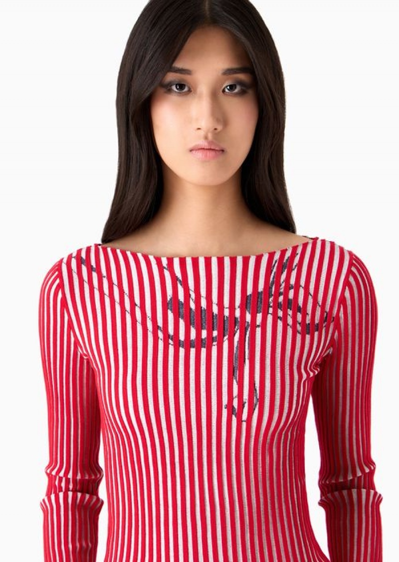 Red Emporio Armani Plated-ribbed Boat-neck Jumper With A Graphic Design | EA-SN56672