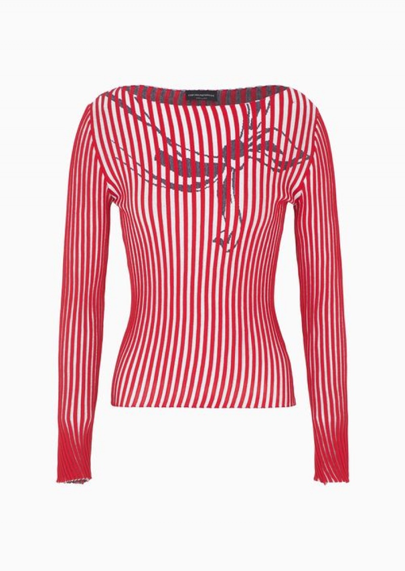 Red Emporio Armani Plated-ribbed Boat-neck Jumper With A Graphic Design | EA-SN56672