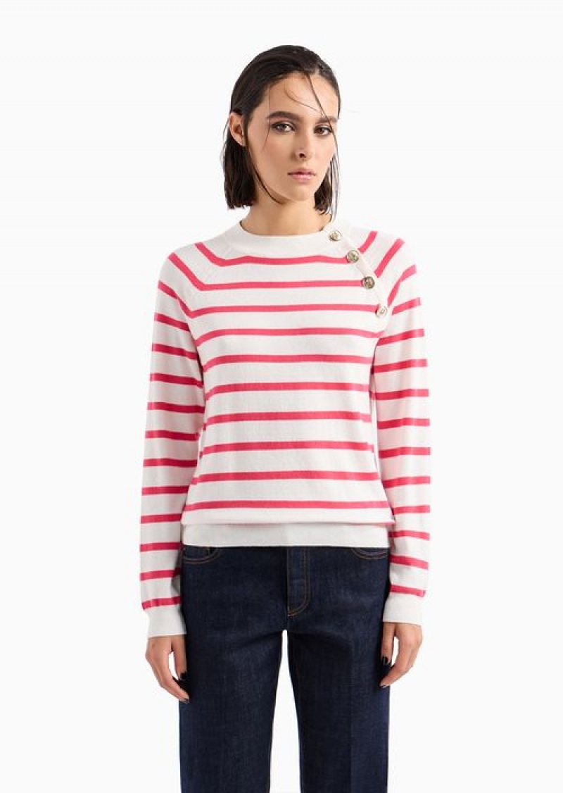 Red Emporio Armani Striped Jumper With Opening At The Shoulder And Gold Buttons | EA-SN56678