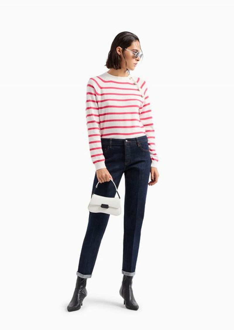 Red Emporio Armani Striped Jumper With Opening At The Shoulder And Gold Buttons | EA-SN56678