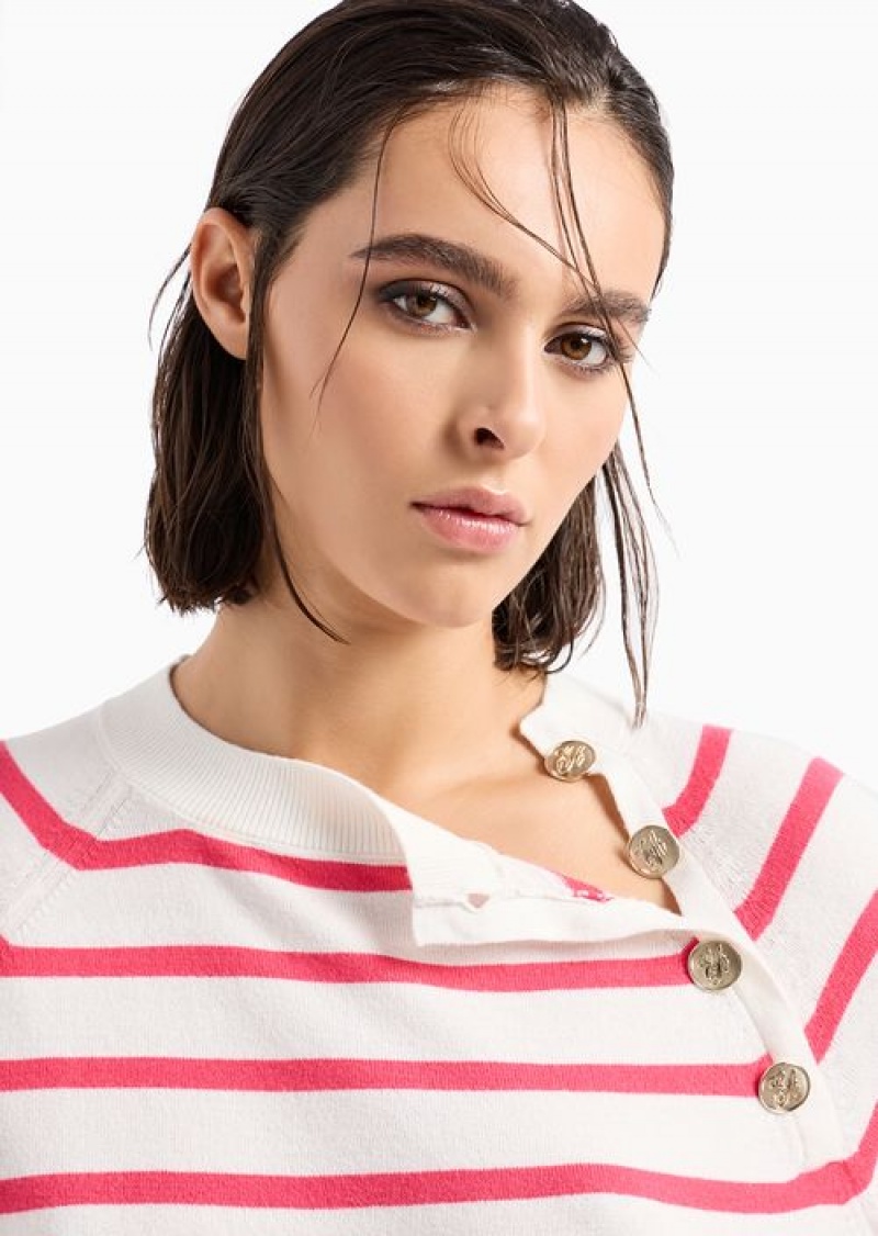 Red Emporio Armani Striped Jumper With Opening At The Shoulder And Gold Buttons | EA-SN56678