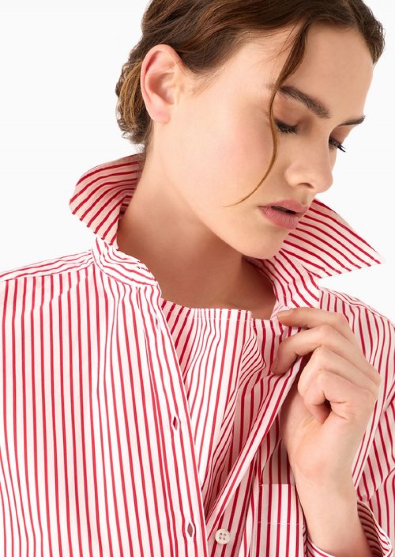 Red Emporio Armani Striped Poplin Oversized Shirt With Insert And Patch Pocket | EA-SN56926