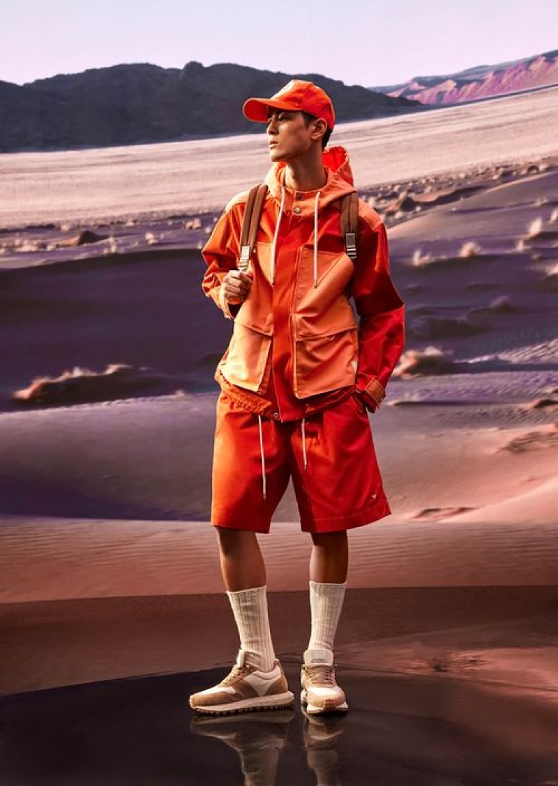 Red Emporio Armani Sustainable Collection Organic-twill Oversized Drawstring Board Shorts | EA-SN58361