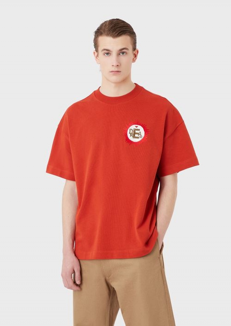 Red Emporio Armani Sustainable Collection Organic American Jersey T-shirt With Patch | EA-SN58668