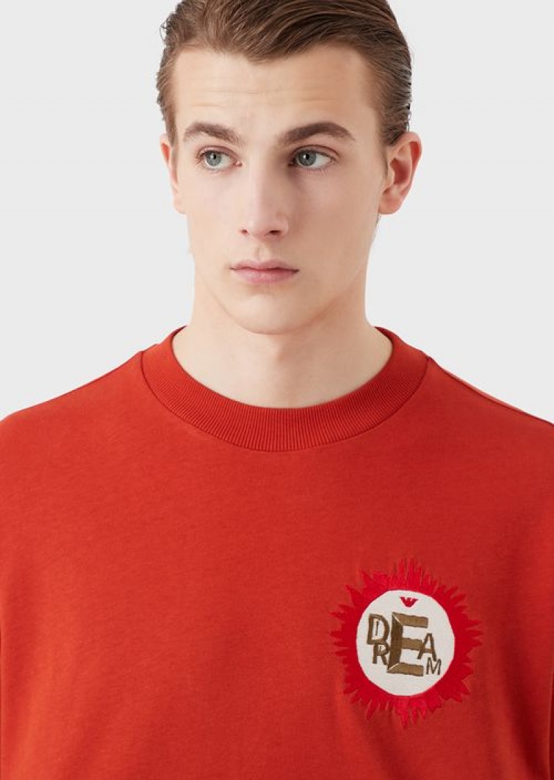 Red Emporio Armani Sustainable Collection Organic American Jersey T-shirt With Patch | EA-SN58668