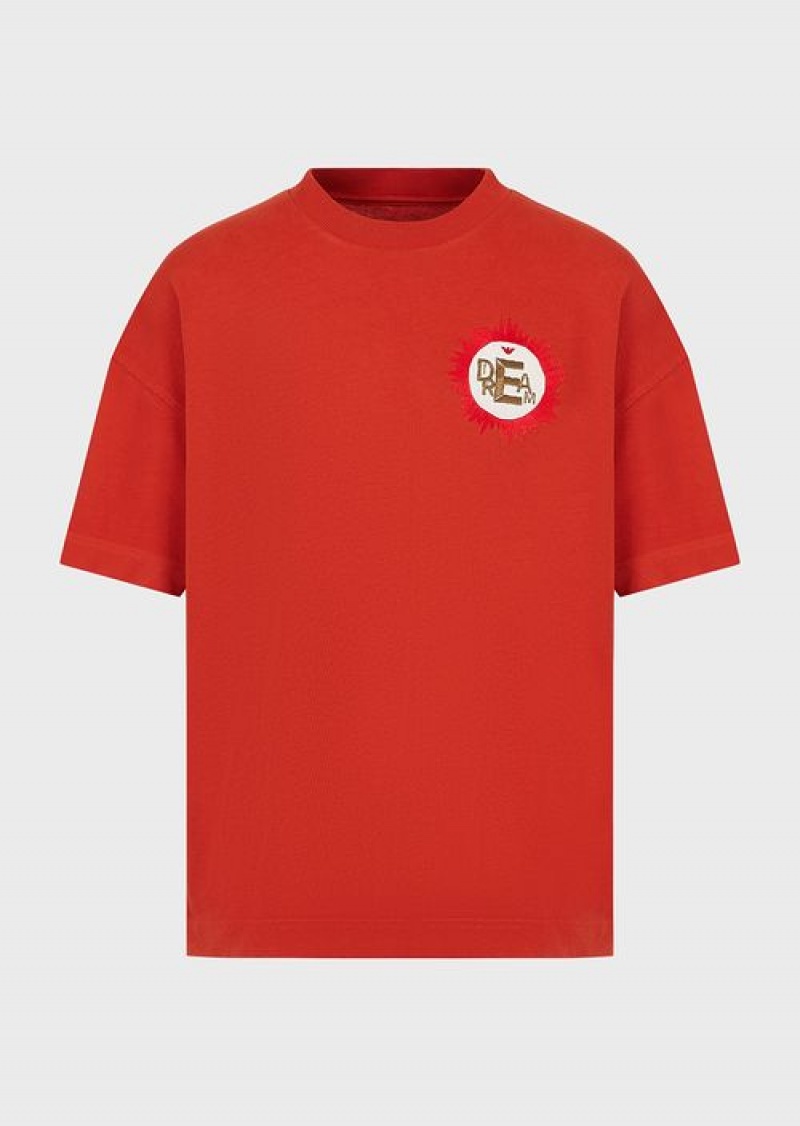 Red Emporio Armani Sustainable Collection Organic American Jersey T-shirt With Patch | EA-SN58668