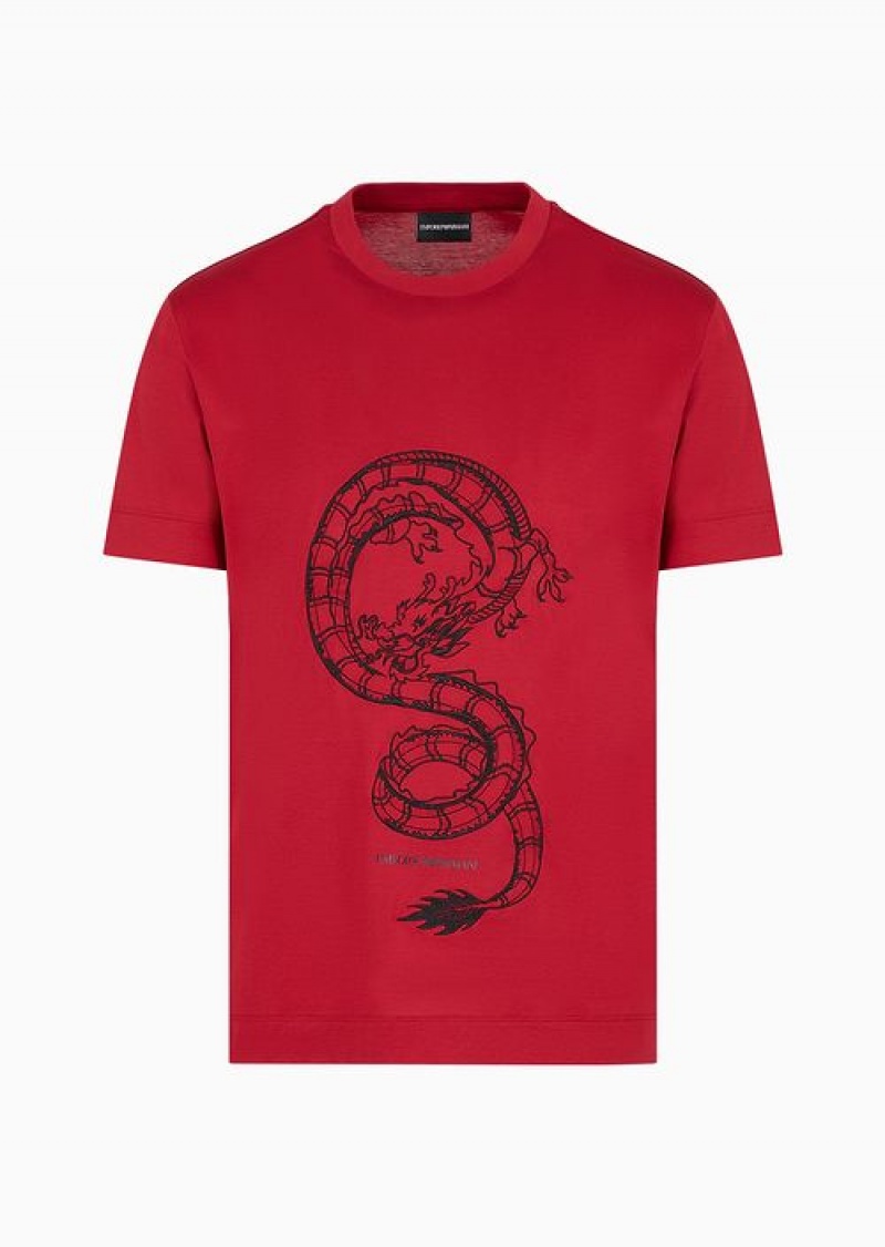 Red Logo Emporio Armani Asv Lunar New Year Lyocell-blend Jersey T-shirt With Dragon Embroidery | EA-SN58772