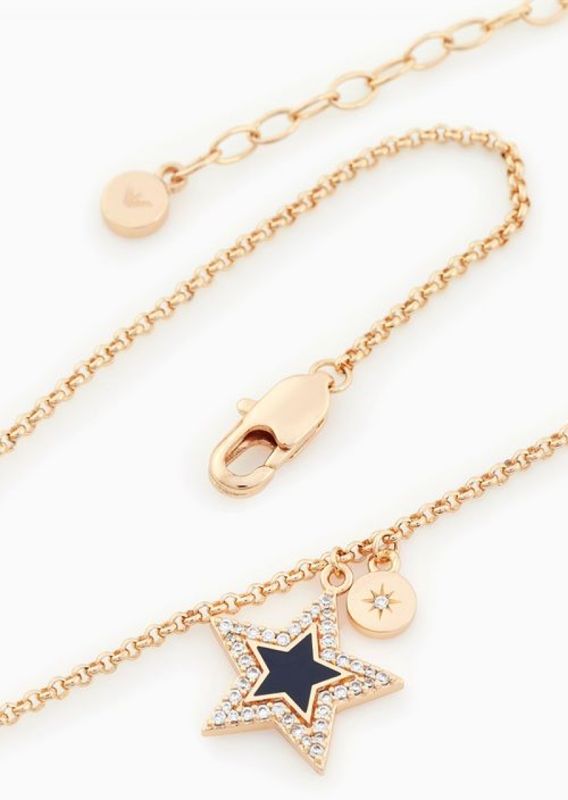 Rose Gold Emporio Armani Blue Lacquer Pendant Necklace | EA-SN57597