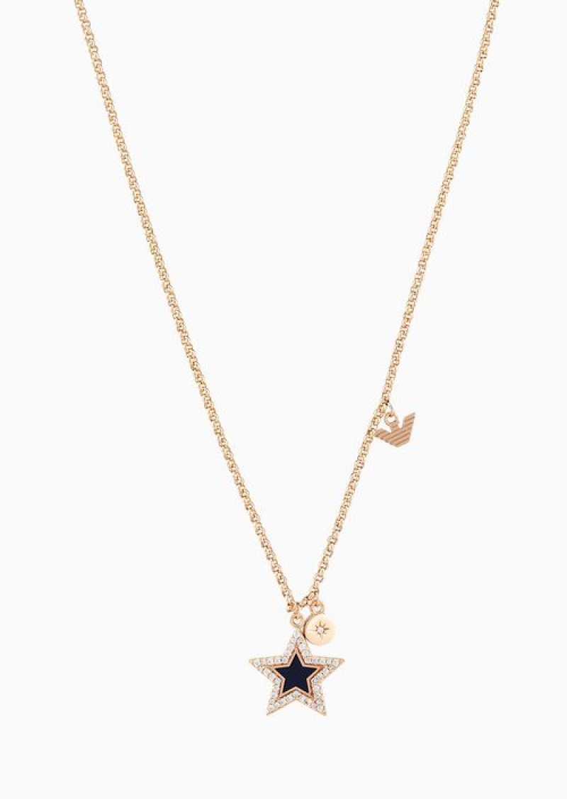 Rose Gold Emporio Armani Blue Lacquer Pendant Necklace | EA-SN57597