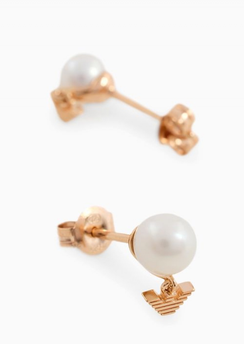 Rose Gold Emporio Armani White Pearl Stud Earrings | EA-SN57561