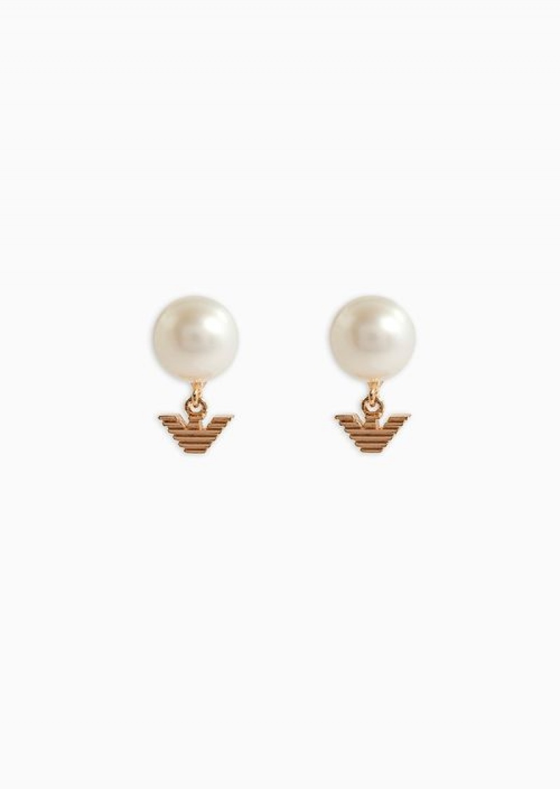 Rose Gold Emporio Armani White Pearl Stud Earrings | EA-SN57561