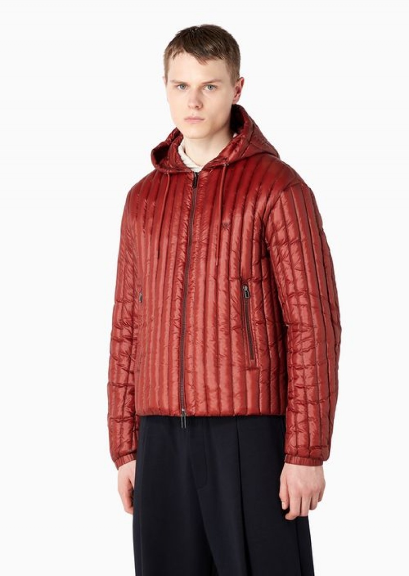 Rust Emporio Armani Water-repellent Hooded Nylon Down Jacket With Vertical Quilting | EA-SN58222