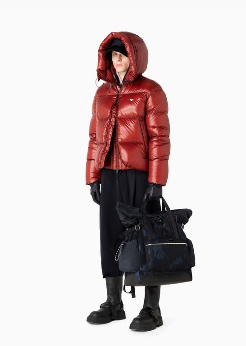 Rust Emporio Armani Water-repellent Hooded Nylon Down Jacket With Vertical Quilting | EA-SN58222