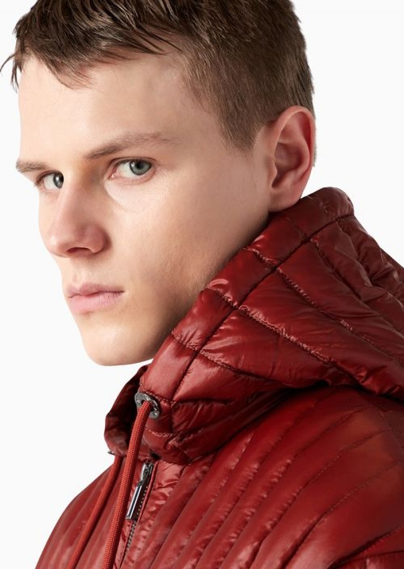 Rust Emporio Armani Water-repellent Hooded Nylon Down Jacket With Vertical Quilting | EA-SN58222