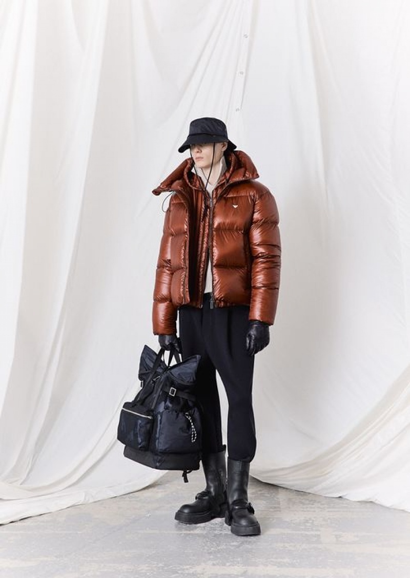 Rust Emporio Armani Water-repellent Hooded Nylon Down Jacket With Vertical Quilting | EA-SN58222