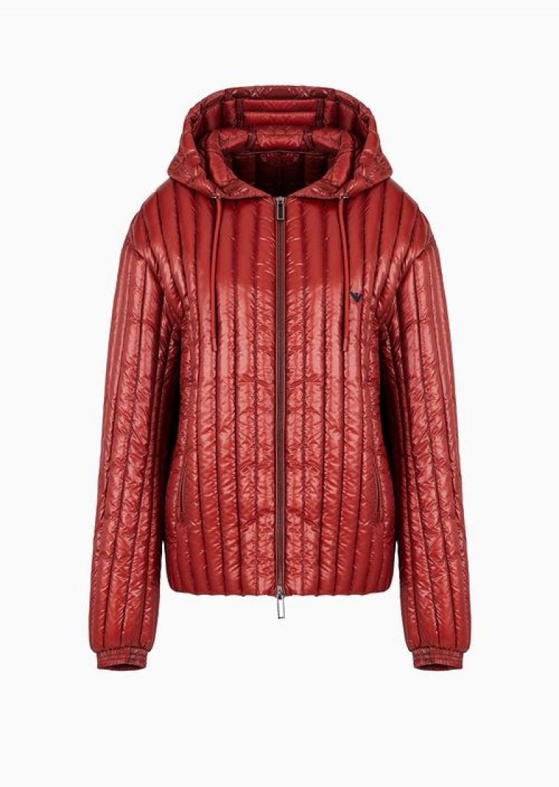 Rust Emporio Armani Water-repellent Hooded Nylon Down Jacket With Vertical Quilting | EA-SN58222