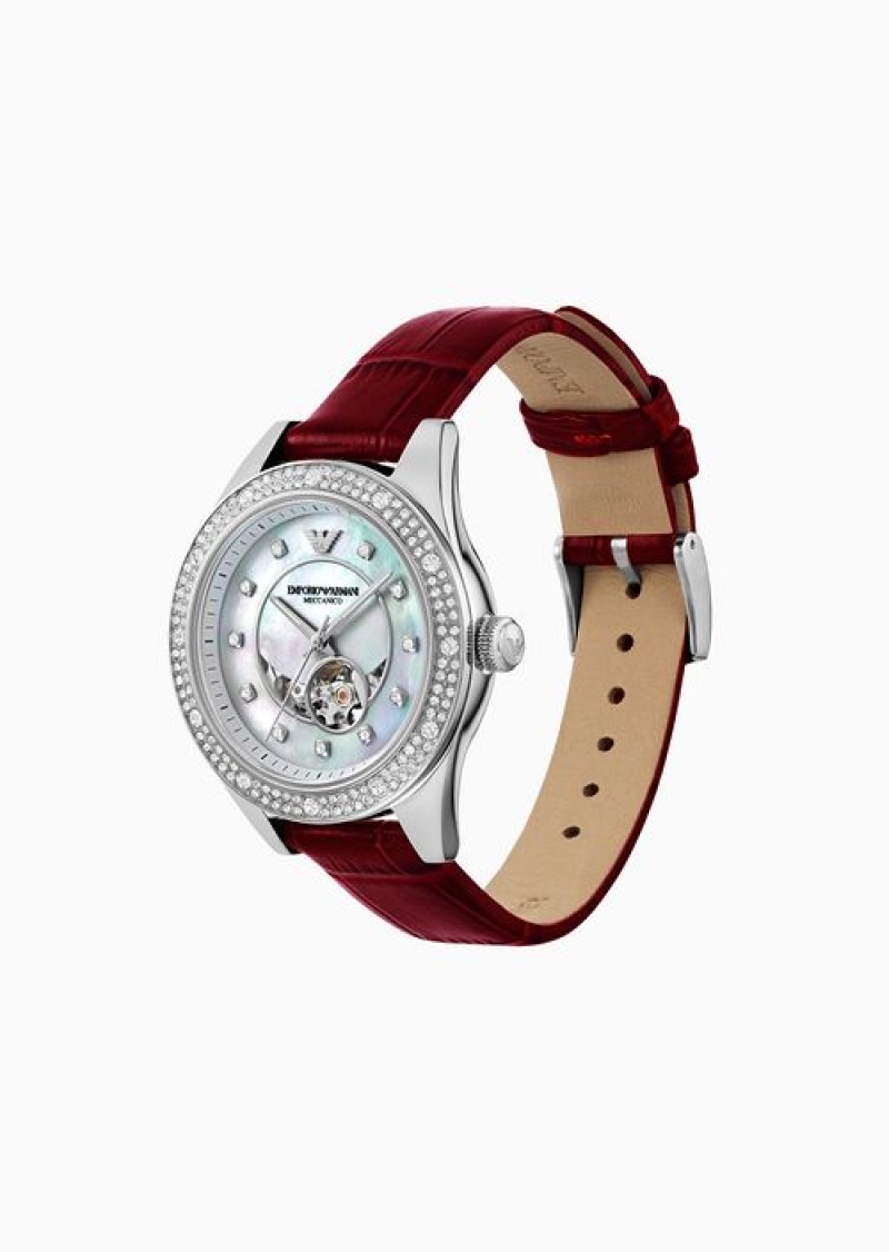 Silver Emporio Armani Automatic Red Leather Watch | EA-SN57685