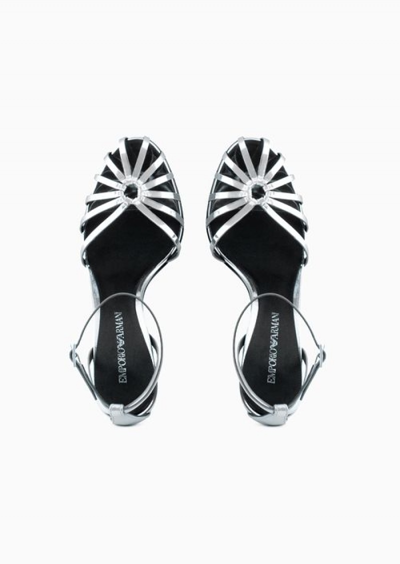 Silver Emporio Armani Mirror Lamé Leather Sandals With High Heel | EA-SN57139