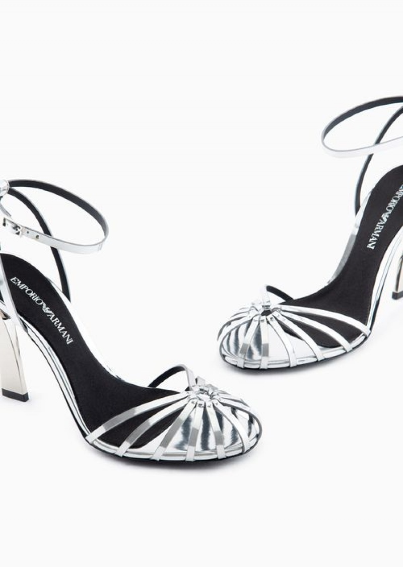 Silver Emporio Armani Mirror Lamé Leather Sandals With High Heel | EA-SN57139