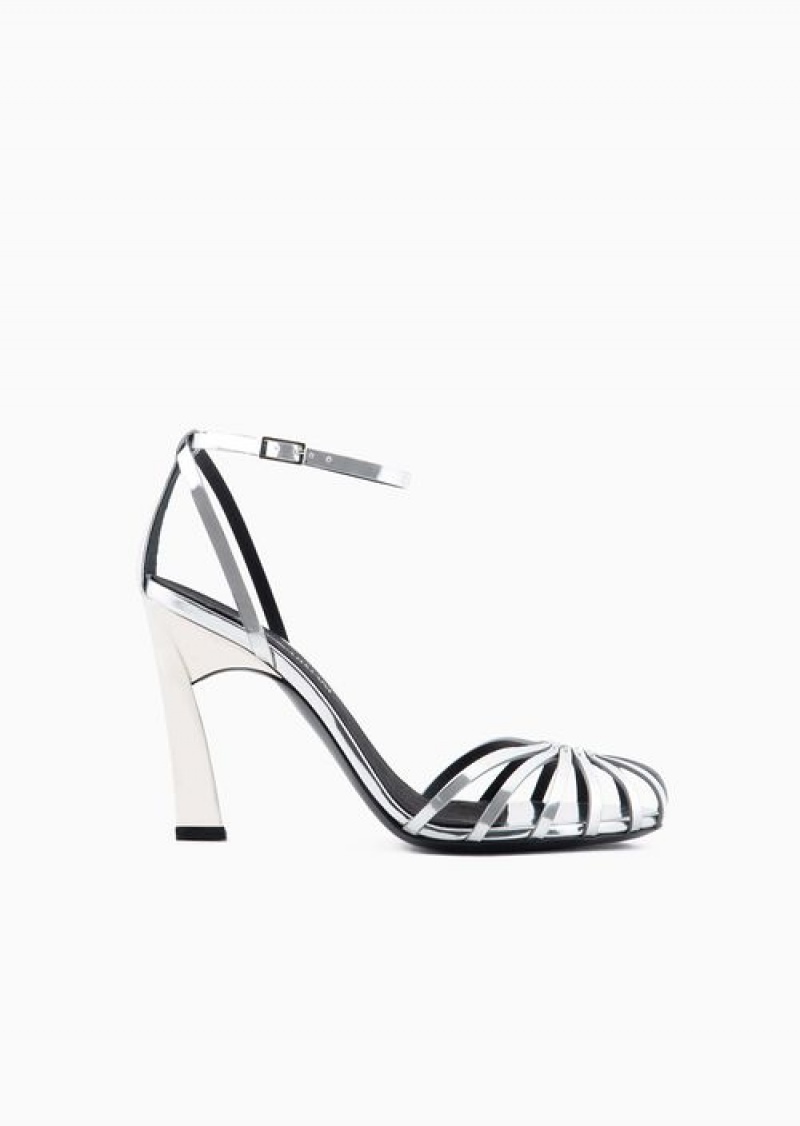 Silver Emporio Armani Mirror Lamé Leather Sandals With High Heel | EA-SN57139