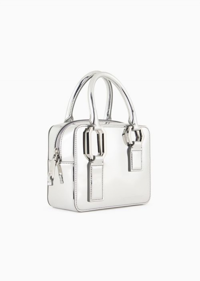 Silver Emporio Armani Mirror-laminate Double Handle Bauletto Bag | EA-SN57392