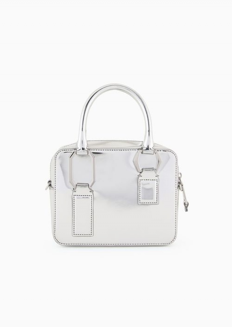 Silver Emporio Armani Mirror-laminate Double Handle Bauletto Bag | EA-SN57392