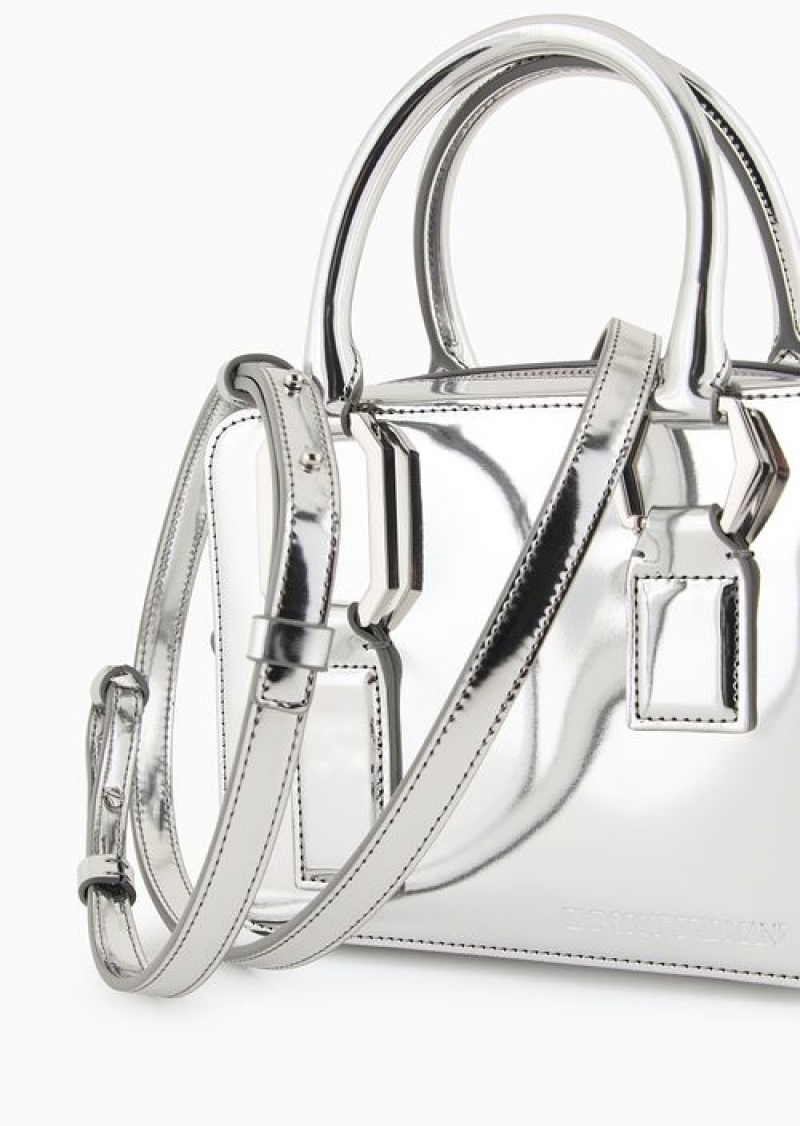 Silver Emporio Armani Mirror-laminate Double Handle Bauletto Bag | EA-SN57392