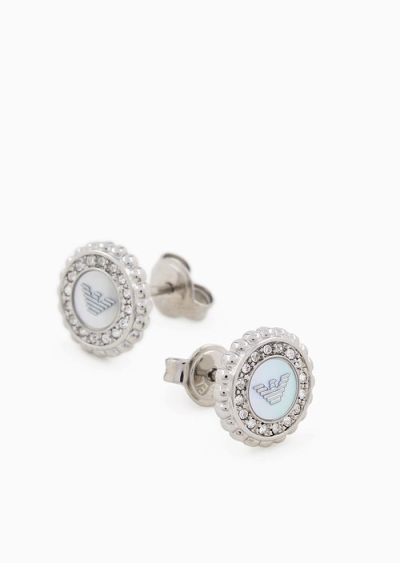 Silver Emporio Armani Stainless Steel Mother Of Pearl Stud Earrings | EA-SN57529