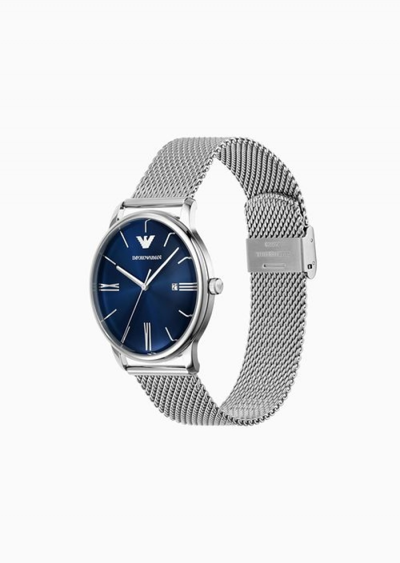 Silver Emporio Armani Three-hand Date Stainless Steel Mesh Watch | EA-SN59357