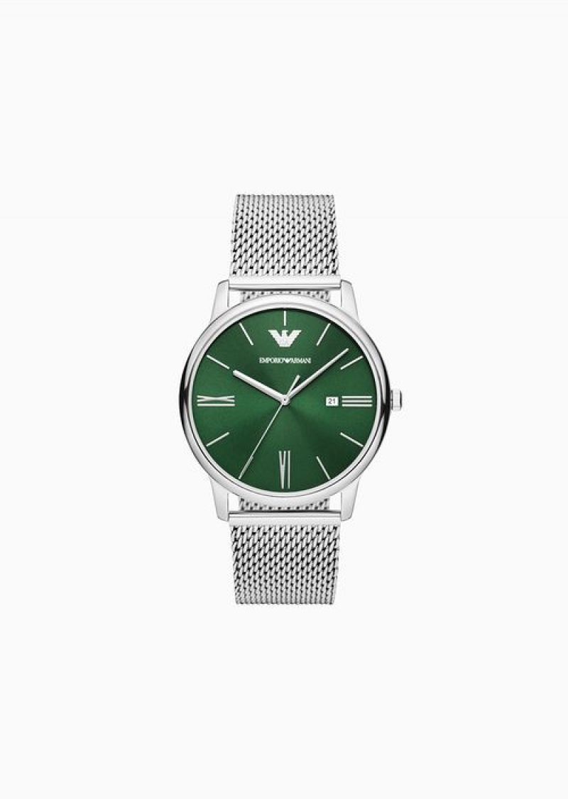 Silver Emporio Armani Three-hand Date Stainless Steel Mesh Watch | EA-SN59373