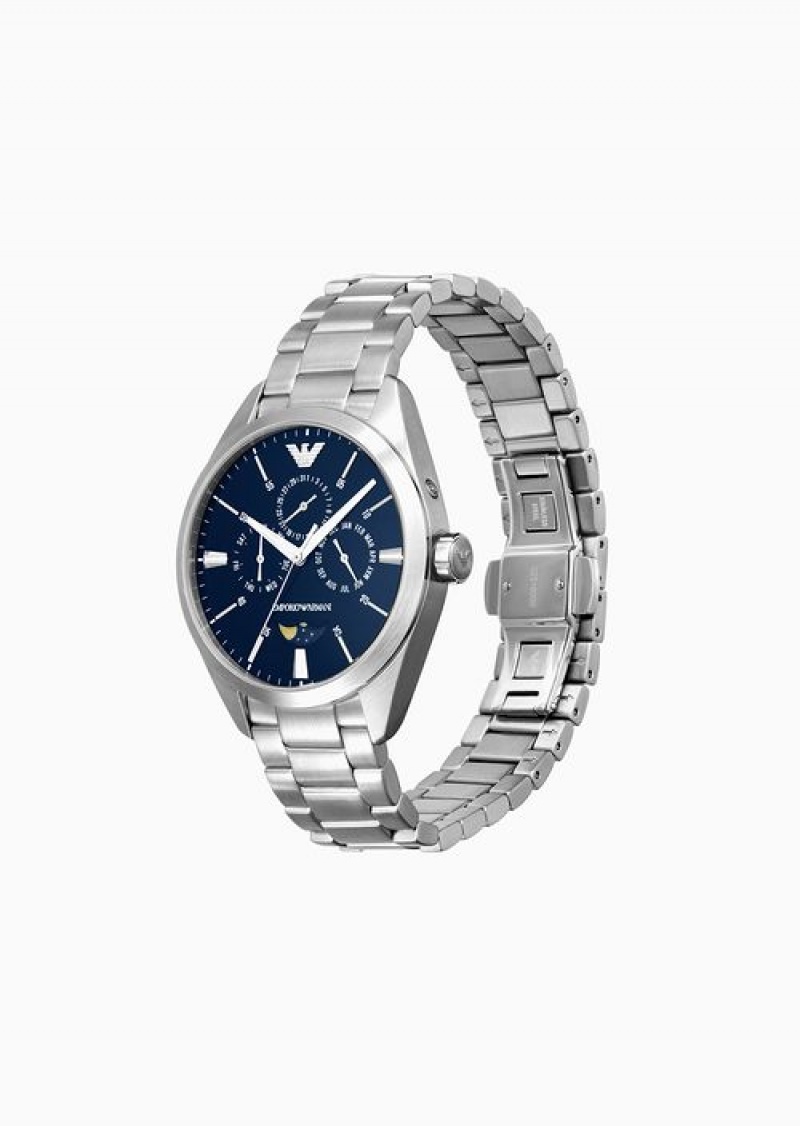 Silver Emporio Armani Three-hand Moonphase Stainless Steel Watch | EA-SN59358