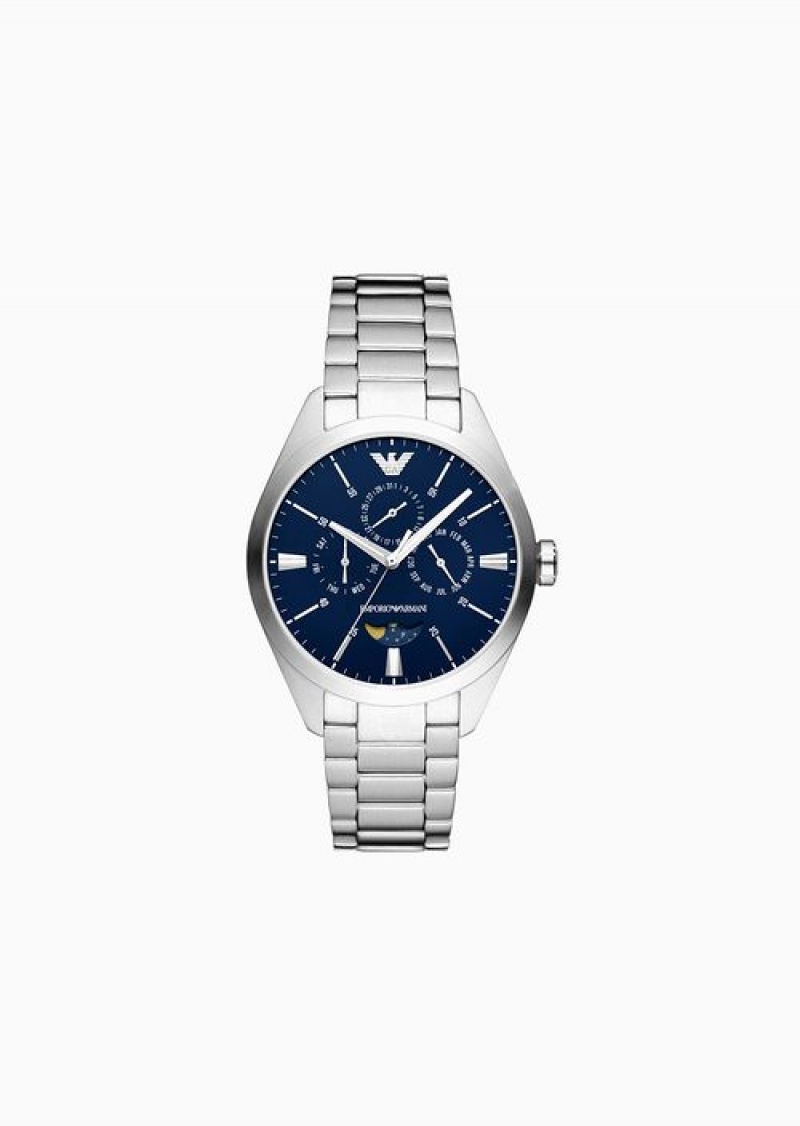 Silver Emporio Armani Three-hand Moonphase Stainless Steel Watch | EA-SN59358