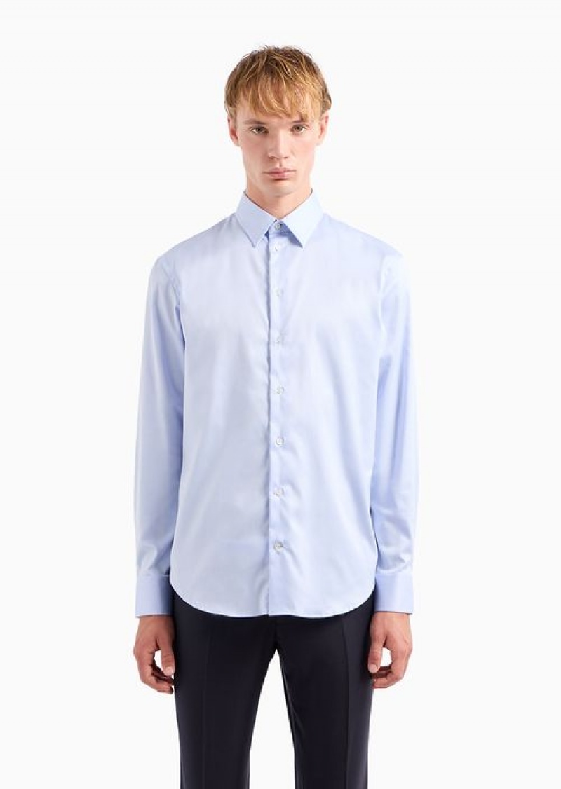 Sky Blue Emporio Armani Modern-fit, Stretch-cotton, Non-iron Shirt With A Stiff Collar | EA-SN57892