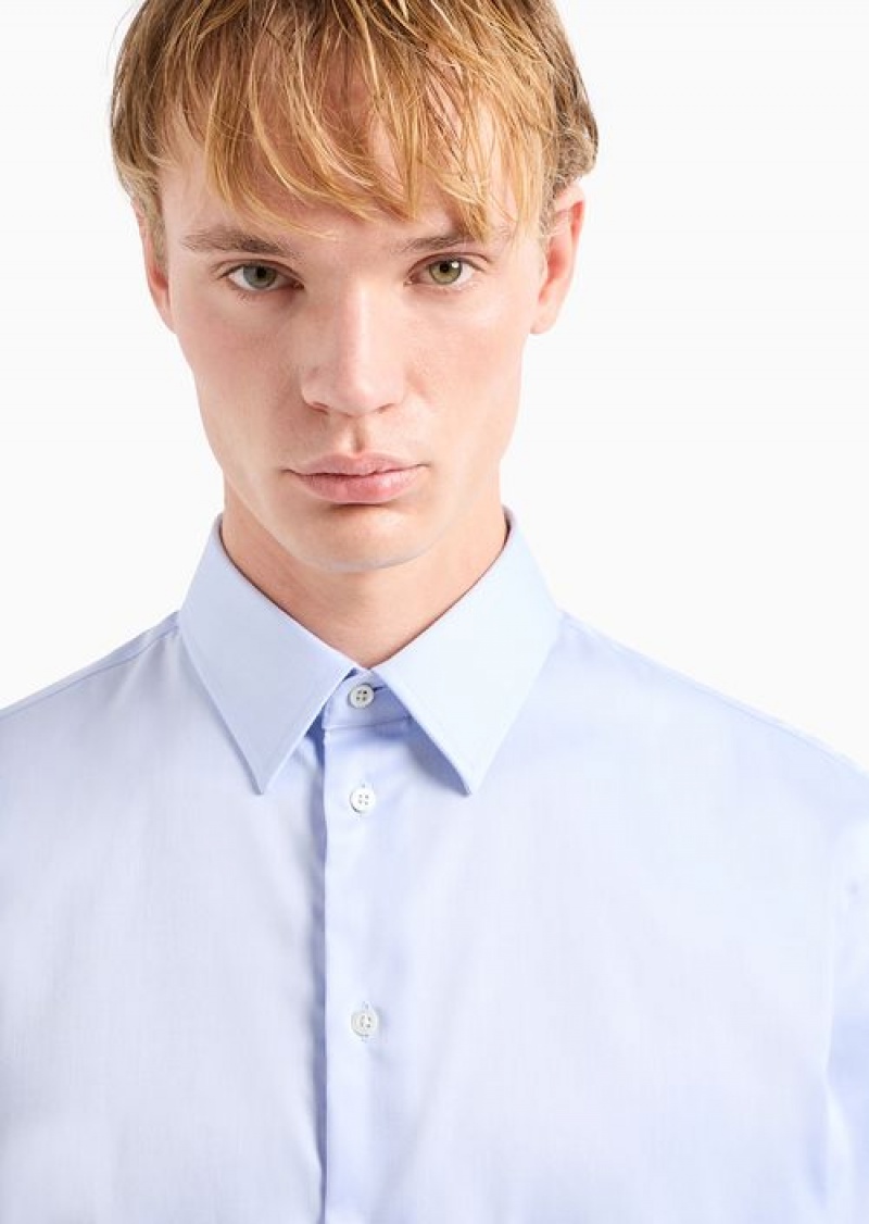 Sky Blue Emporio Armani Modern-fit, Stretch-cotton, Non-iron Shirt With A Stiff Collar | EA-SN57892