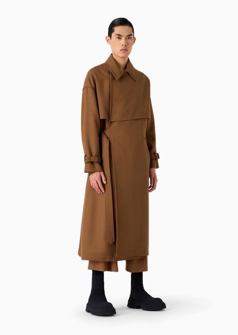 Tobacco Emporio Armani Virgin Wool Cavalry Twill Wrap Coat With Buckle | EA-SN58184