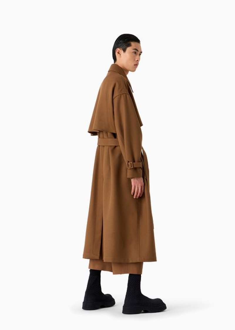 Tobacco Emporio Armani Virgin Wool Cavalry Twill Wrap Coat With Buckle | EA-SN58184