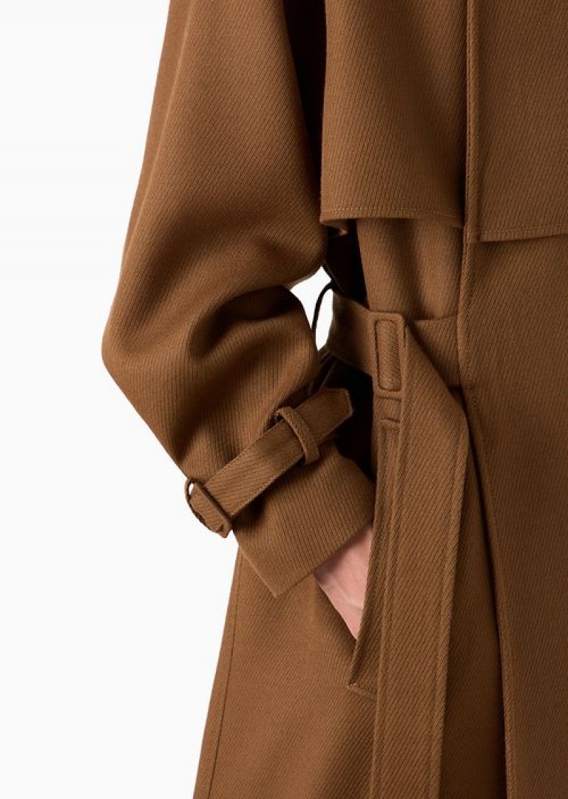 Tobacco Emporio Armani Virgin Wool Cavalry Twill Wrap Coat With Buckle | EA-SN58184