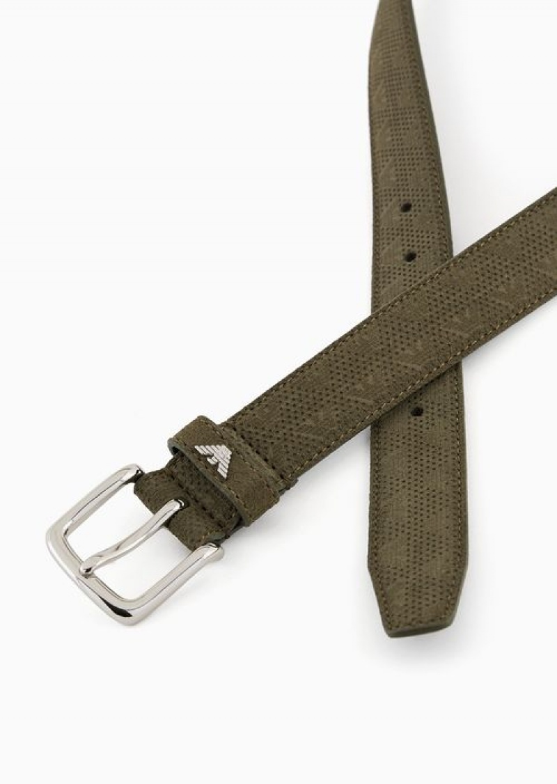 Verde Militare Emporio Armani Leather Belt With Micro-perforated Eagle Motif | EA-SN59140