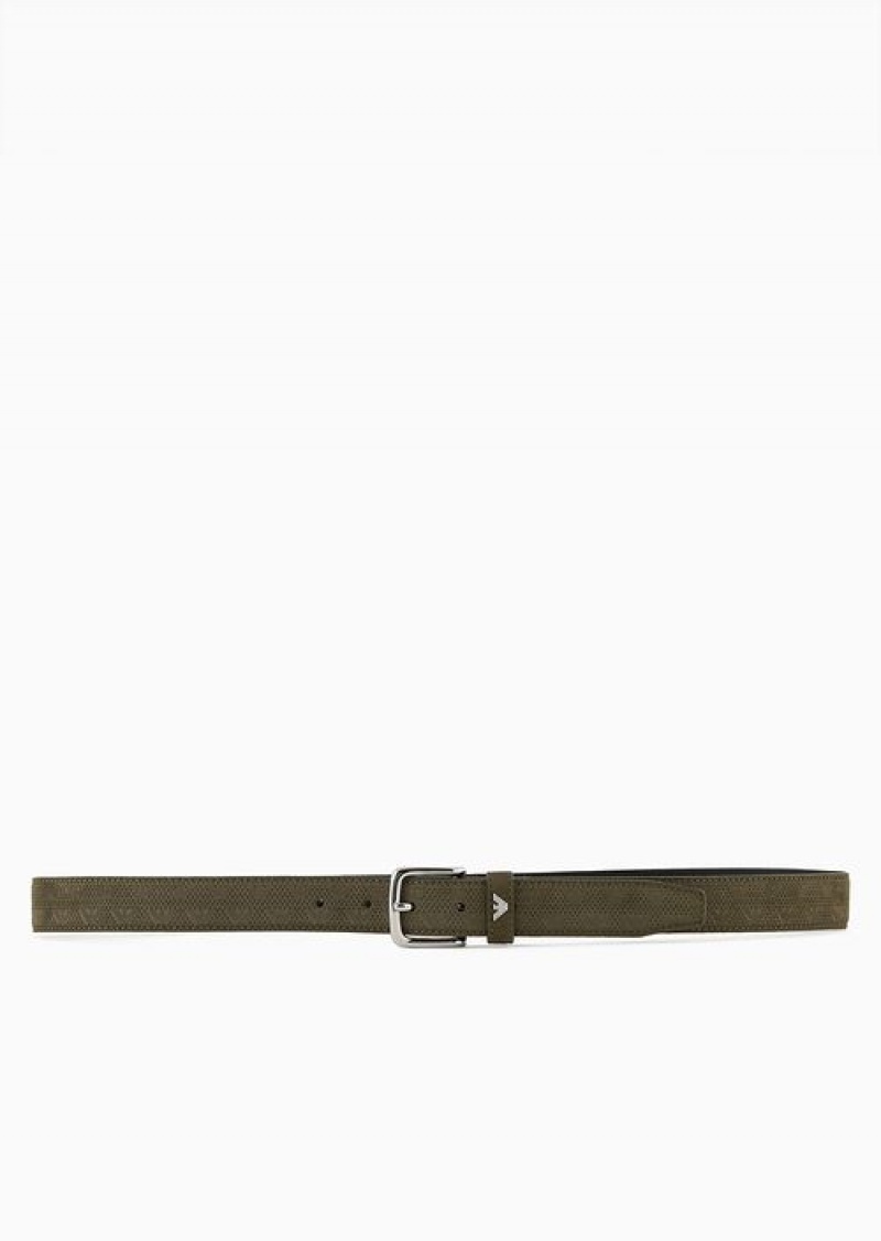 Verde Militare Emporio Armani Leather Belt With Micro-perforated Eagle Motif | EA-SN59140