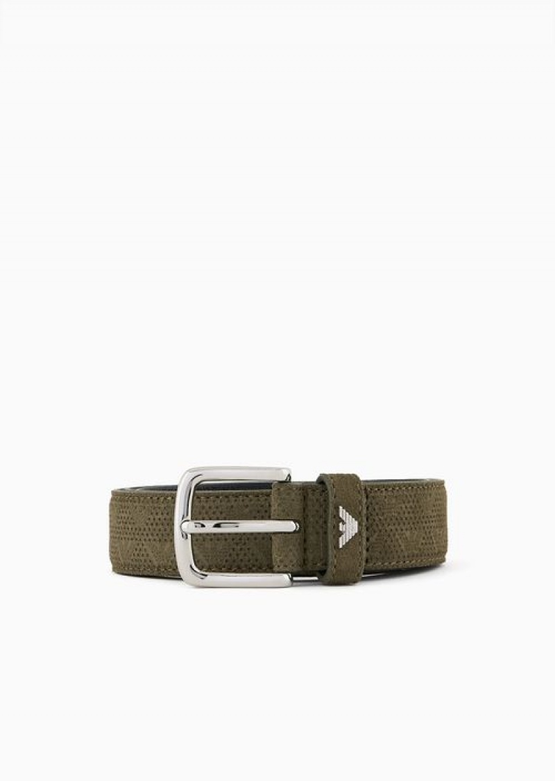 Verde Militare Emporio Armani Leather Belt With Micro-perforated Eagle Motif | EA-SN59140