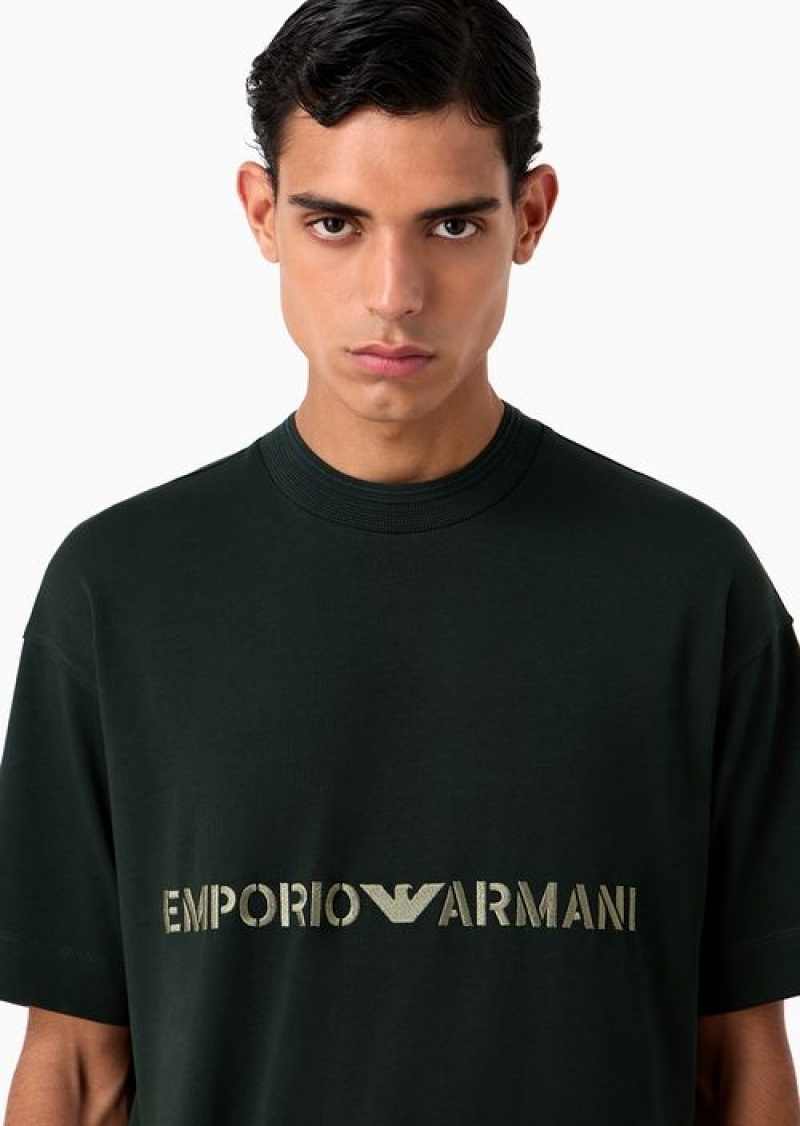 Verde Scuro 1 Emporio Armani Heavyweight Jersey T-shirt With Logo Embroidery In A Military Font | EA-SN58582