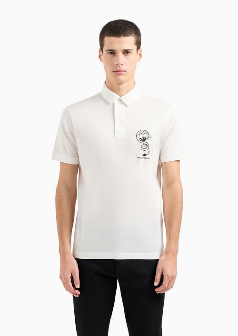 White Emporio Armani Asv Lunar New Year Lyocell-blend Jersey Polo Shirt With Dragon Embroidery | EA-SN58464