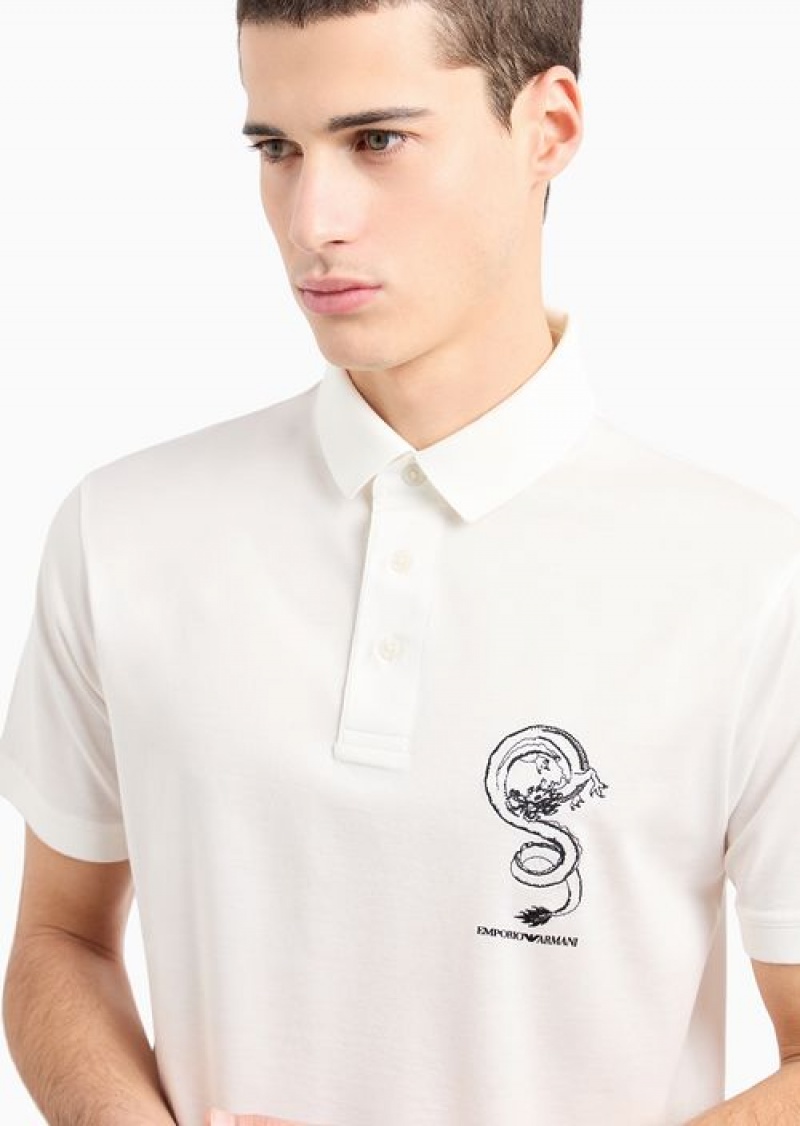 White Emporio Armani Asv Lunar New Year Lyocell-blend Jersey Polo Shirt With Dragon Embroidery | EA-SN58464