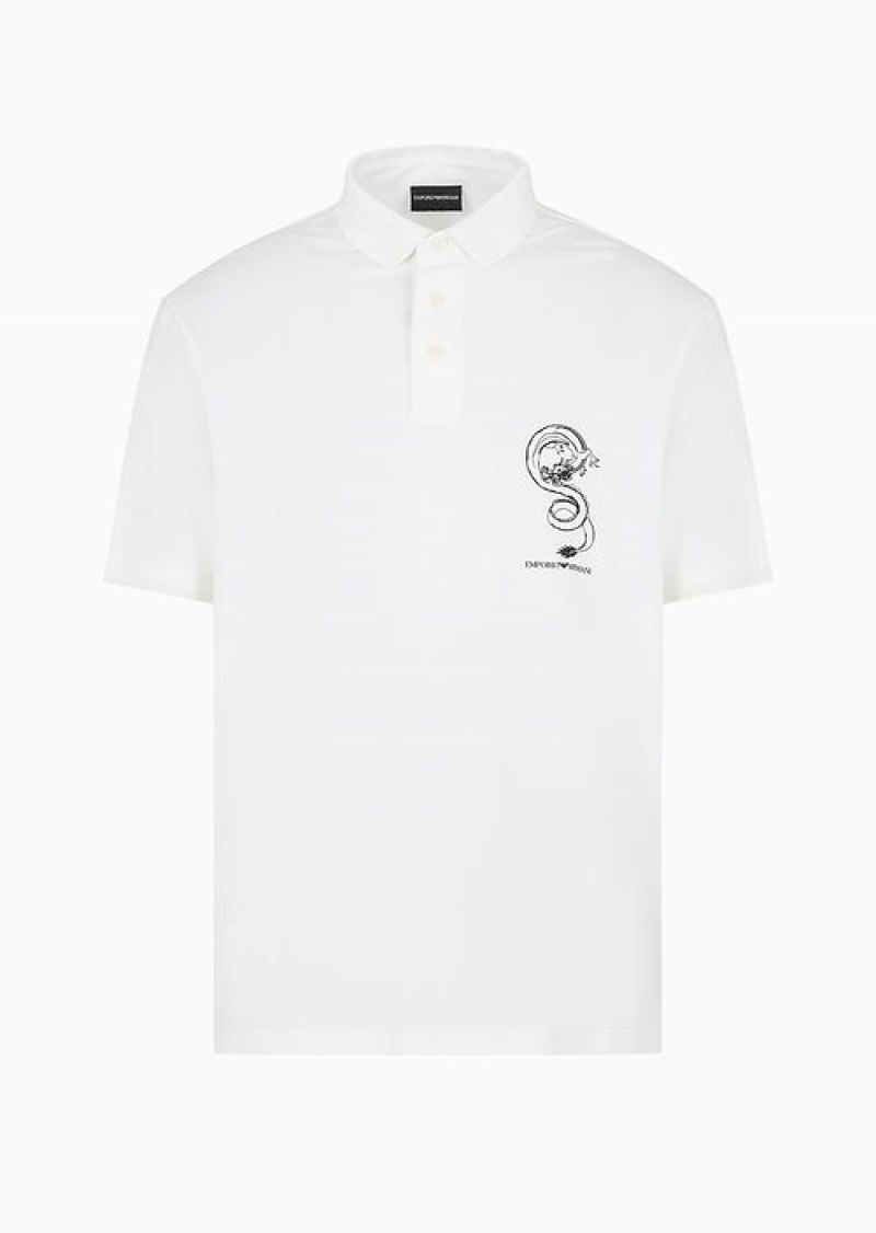 White Emporio Armani Asv Lunar New Year Lyocell-blend Jersey Polo Shirt With Dragon Embroidery | EA-SN58464