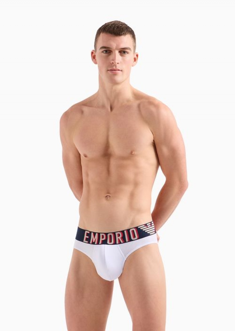 White Emporio Armani Asv Megalogo Organic-cotton Briefs | EA-SN58820