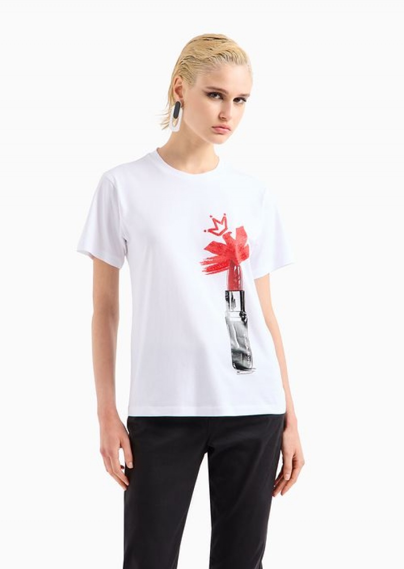 White Emporio Armani Asv Organic-jersey T-shirt With Red Lips Print | EA-SN57022