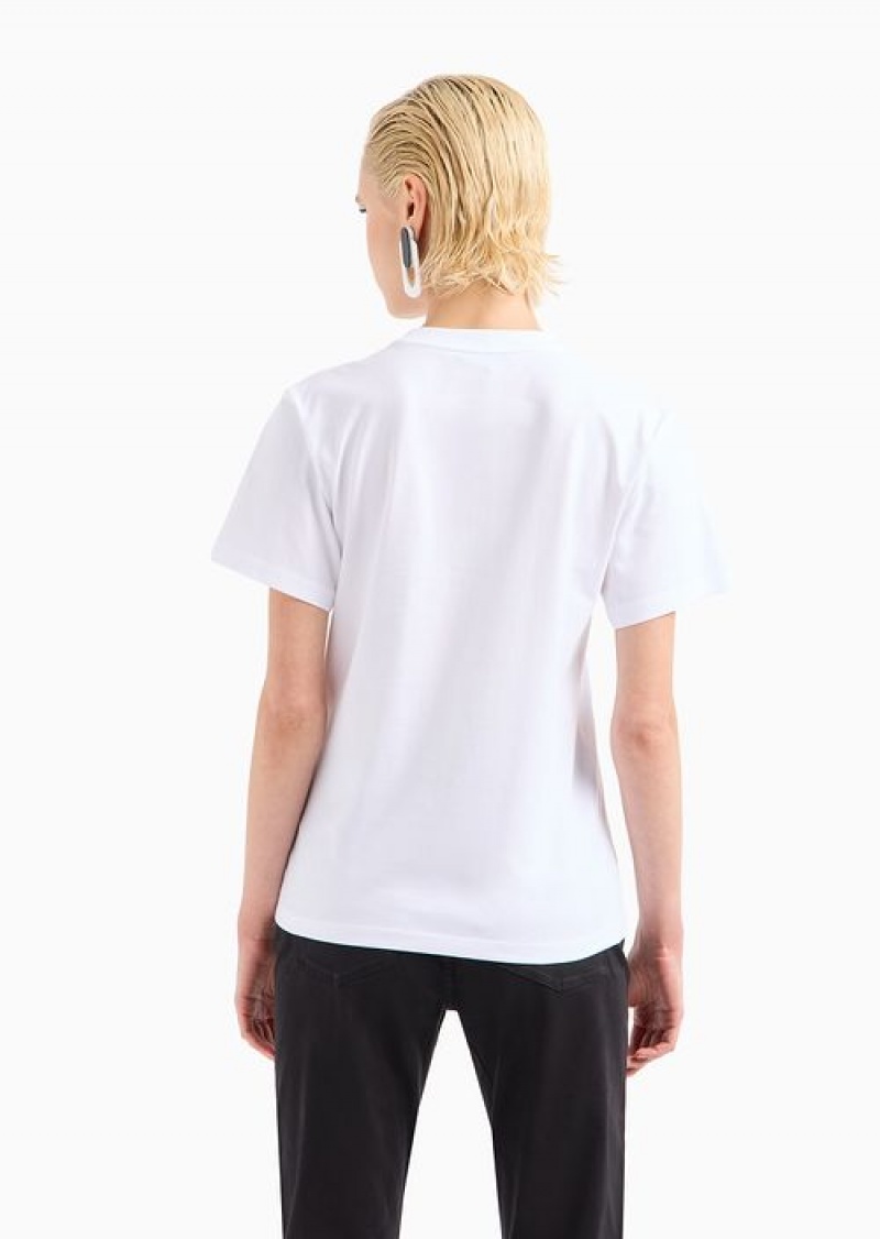 White Emporio Armani Asv Organic-jersey T-shirt With Red Lips Print | EA-SN57022