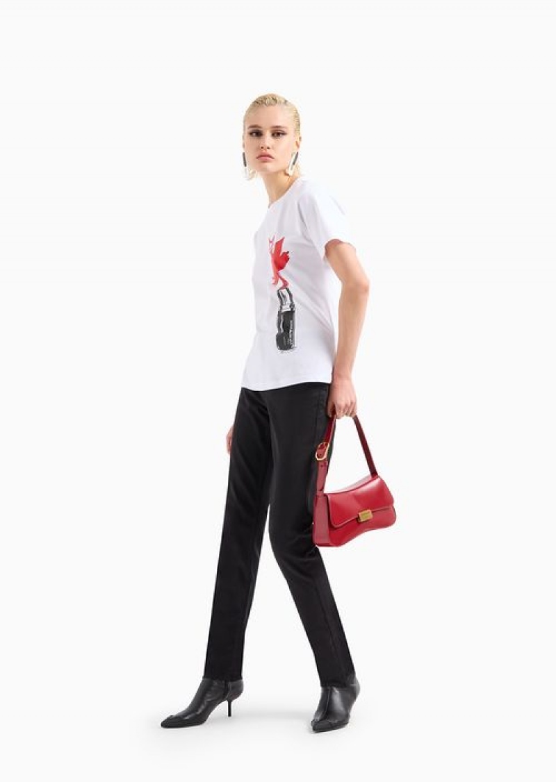 White Emporio Armani Asv Organic-jersey T-shirt With Red Lips Print | EA-SN57022