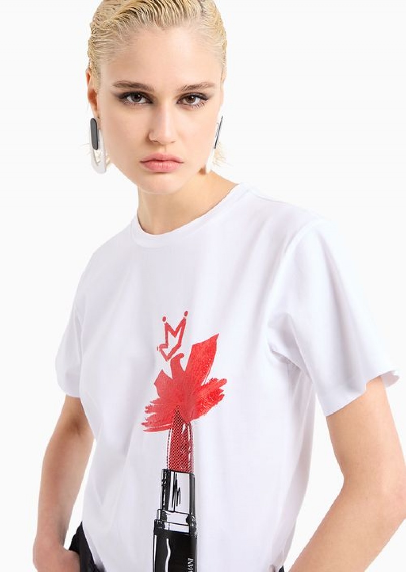 White Emporio Armani Asv Organic-jersey T-shirt With Red Lips Print | EA-SN57022