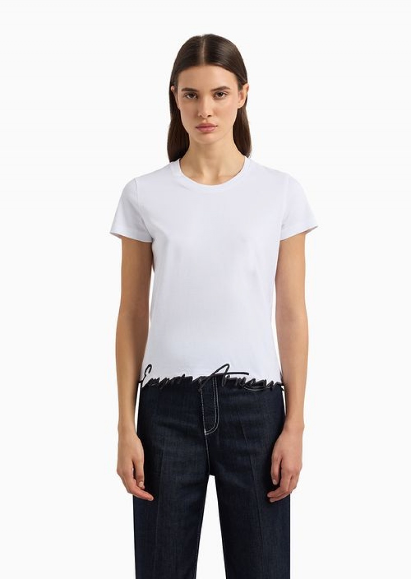 White Emporio Armani Asv Organic-jersey T-shirt With Embroidered Shaped Hem | EA-SN57039